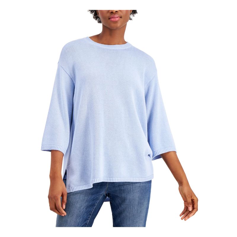 Eileen Fisher Womens Light Blue Knit Drop-Shoulder 3/4 Sleeve Hi-Lo Sweater Xs
